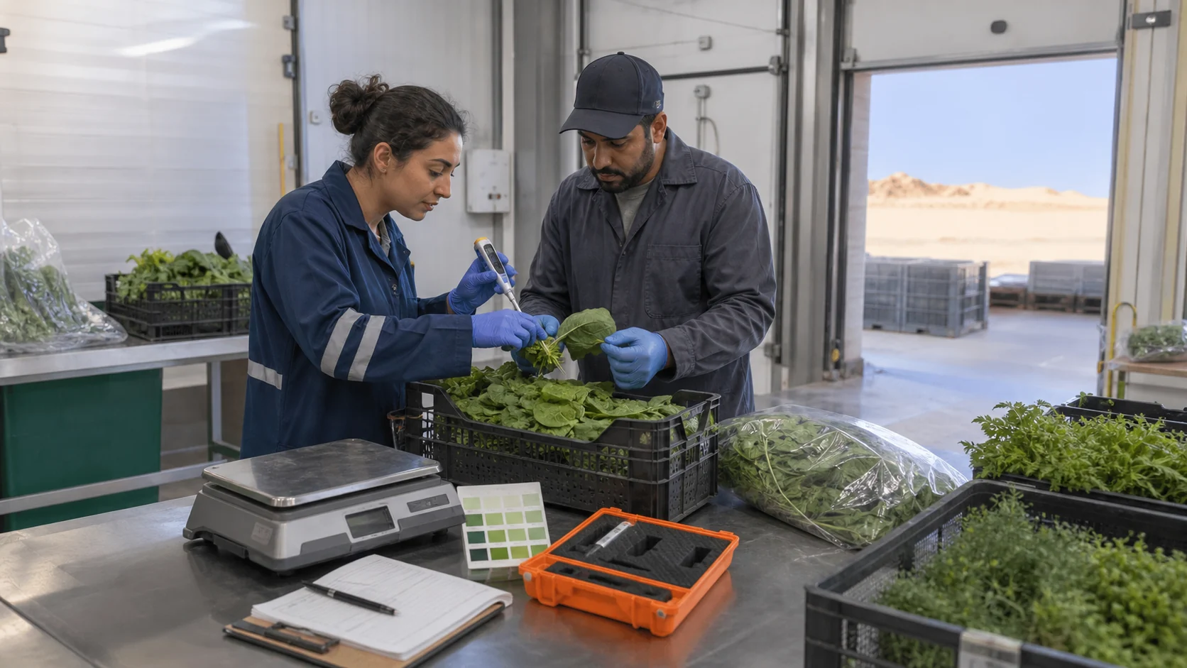 Agricultural scientist and produce buyer assessing leafy greens with a scale, colour card, and temperature probe in a desert-region packhouse