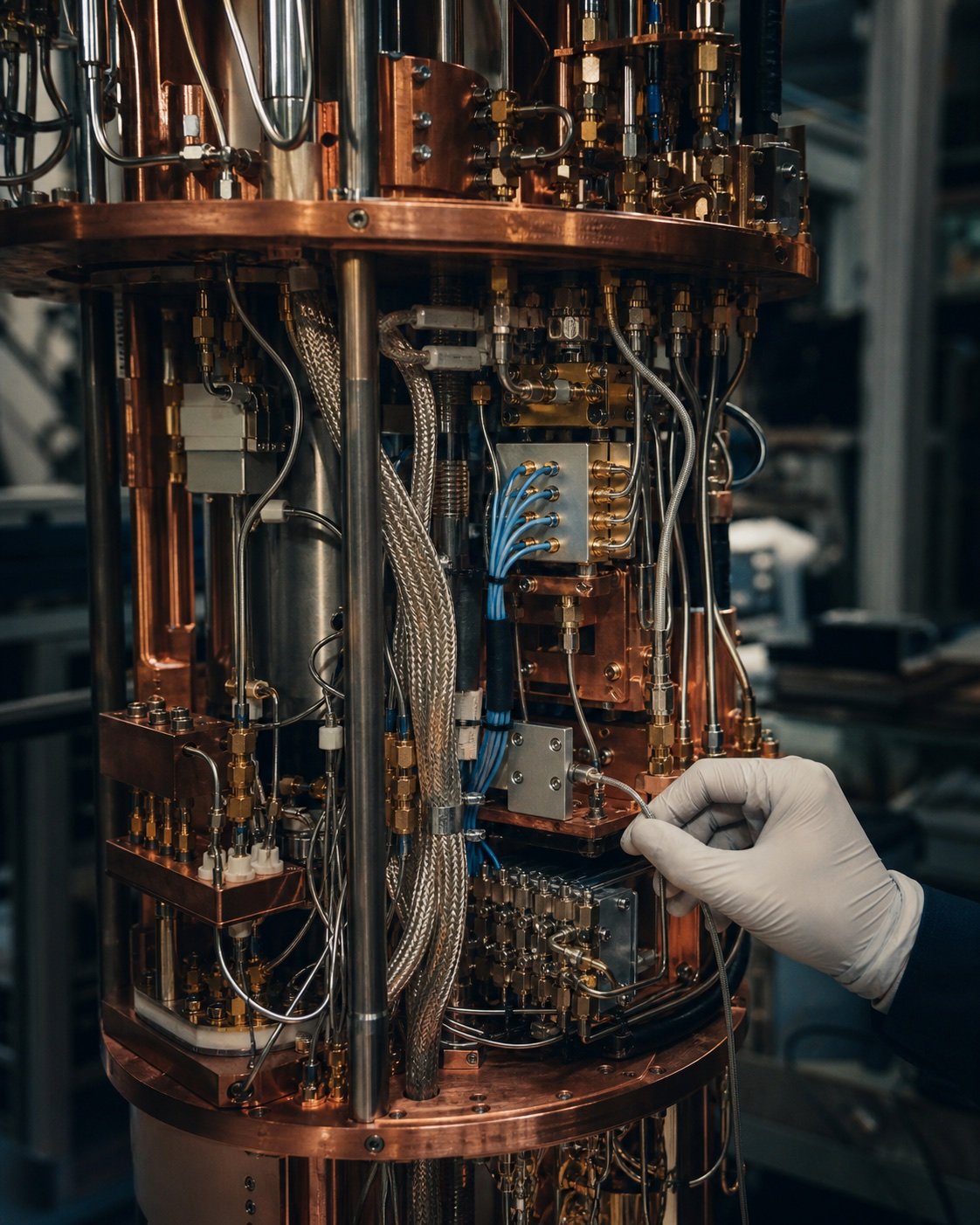 Cryogenic quantum-control assembly with copper stages and precision wiring