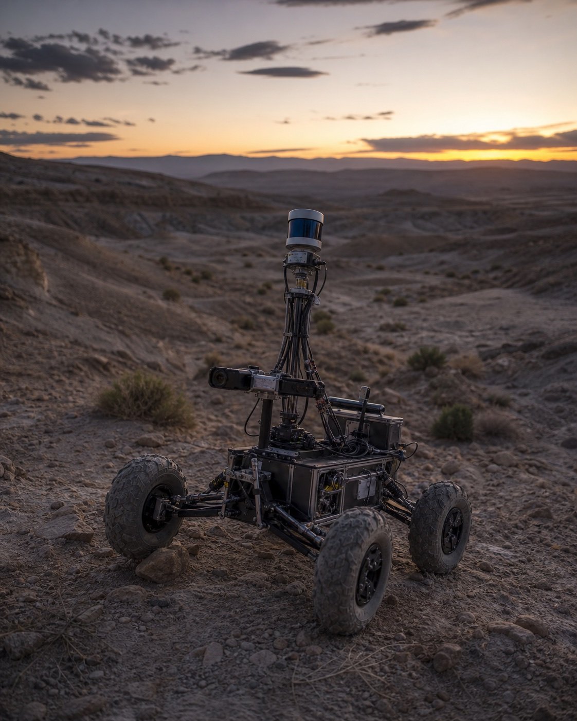 Lidar-equipped research robot mapping a rugged arid landscape