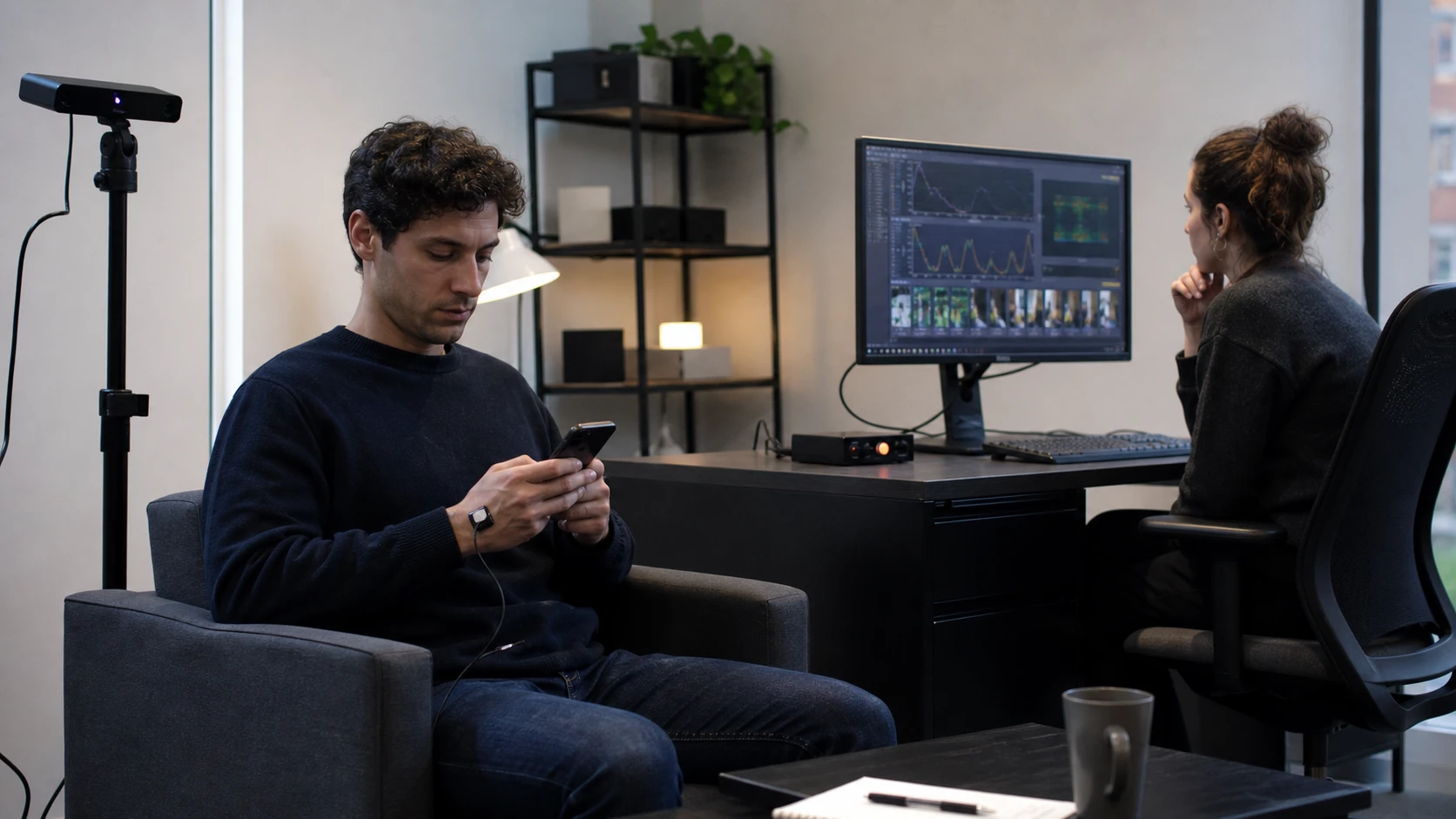 A participant uses a smartphone during an instrumented human-factors study of attention and task switching