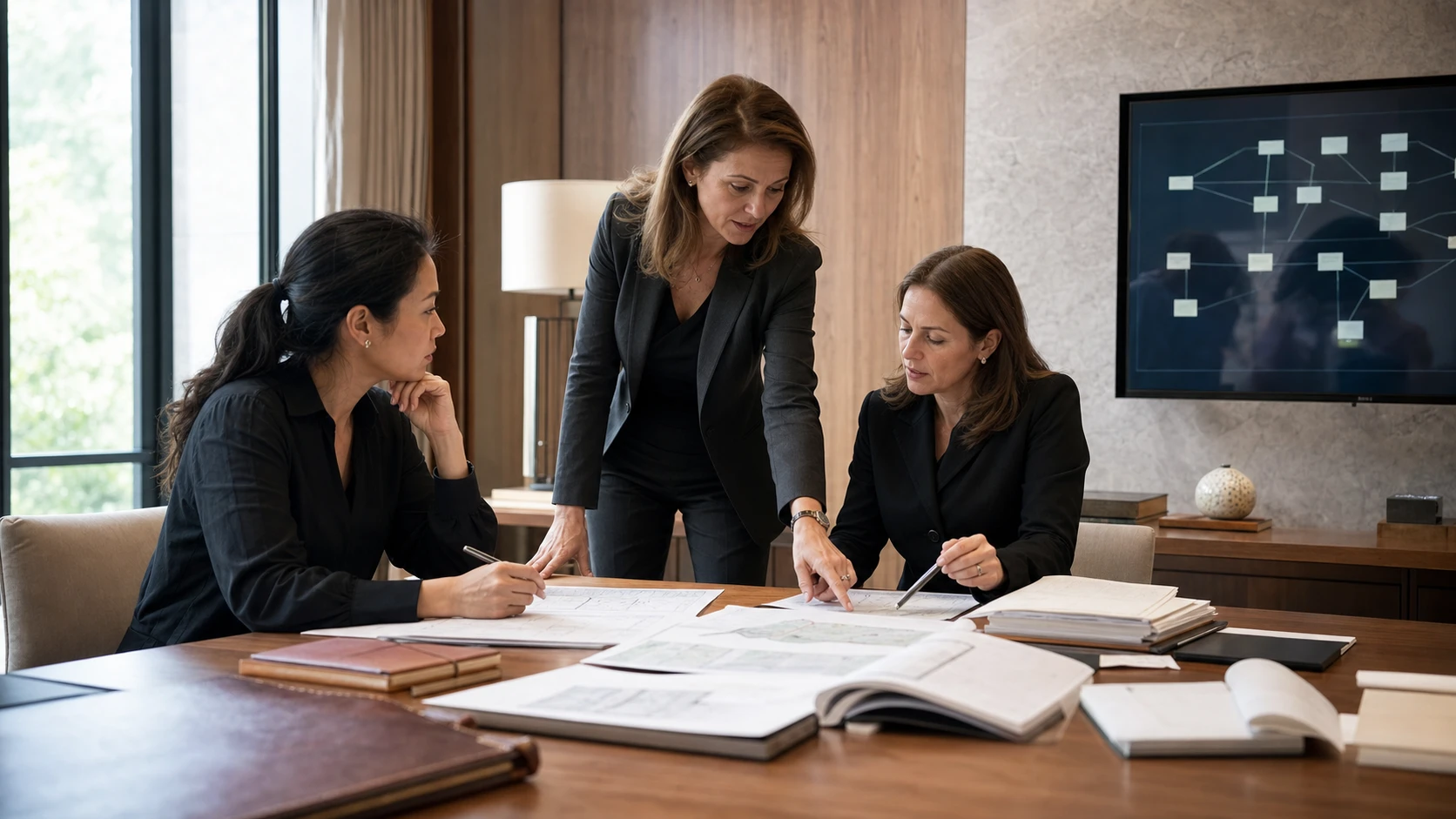 A woman principal and advisers coordinate ownership, jurisdiction, permissions, and succession in a contemporary family office