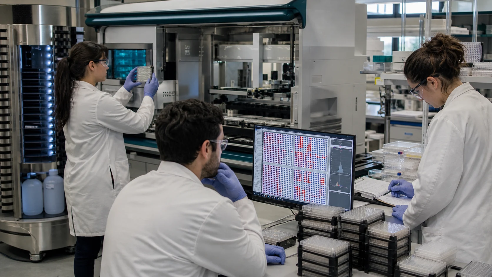 Drug-discovery researchers reviewing microplate assay results around an automated high-throughput screening system
