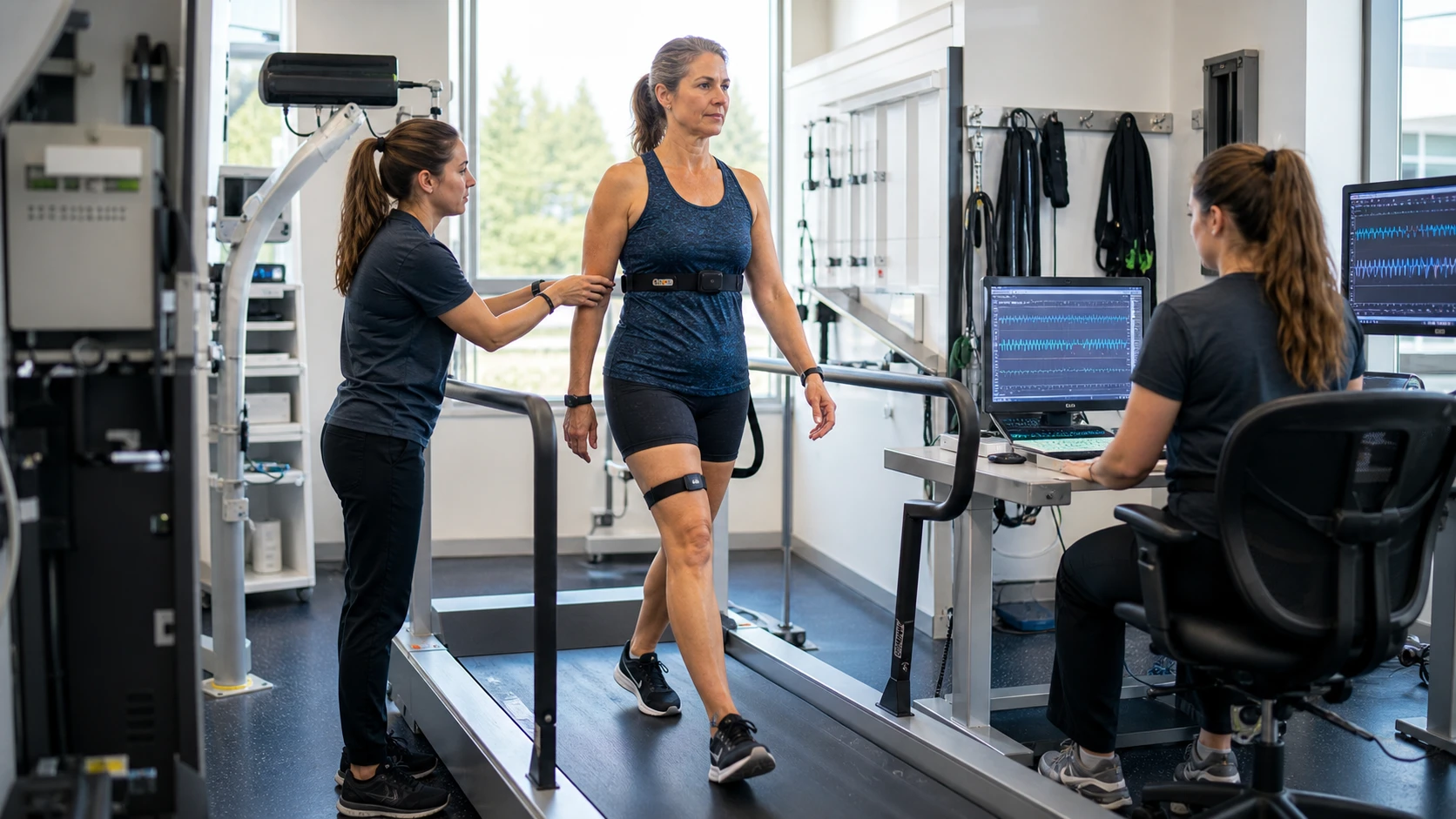 A participant completes an instrumented movement test while women’s-health researchers validate wearable and physiological signals