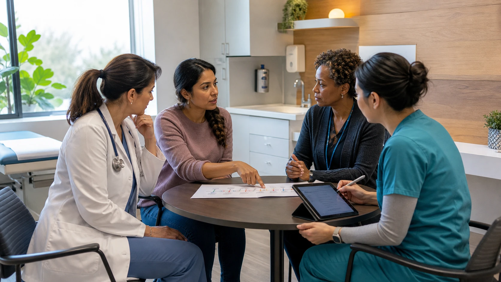 A woman, physician, and care team review a shared longitudinal health record during a coordinated clinical handoff