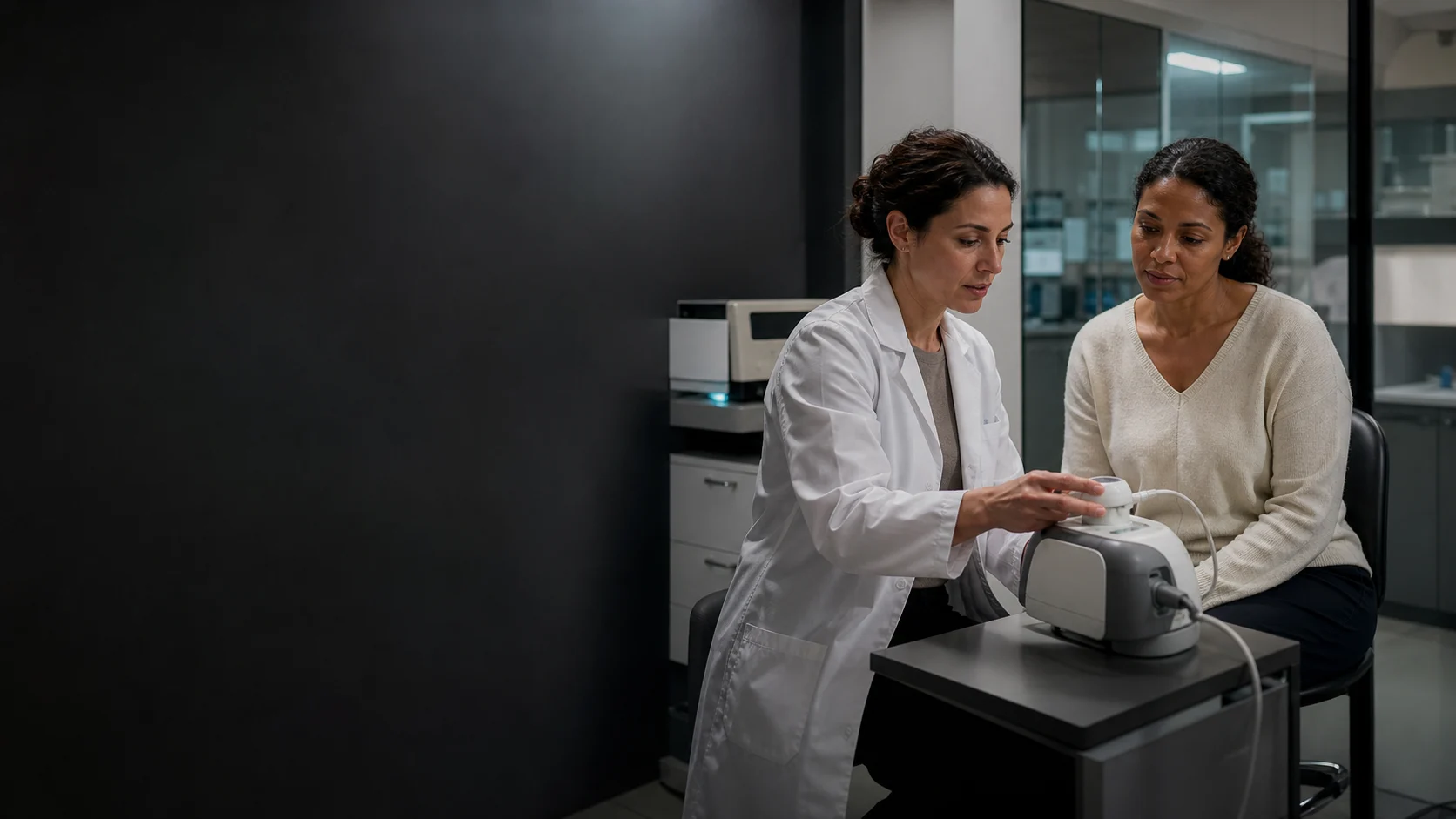 A woman reviews a wearable health measurement with a clinician