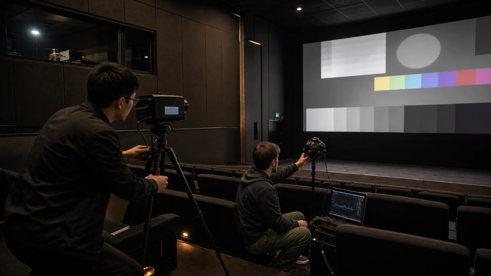 Cinema engineers measuring screen output and room acoustics from multiple seats in an empty auditorium
